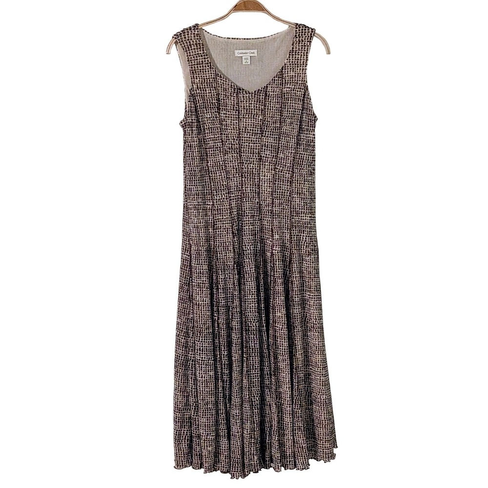 Coldwater Creek Sleeveless V Neck Maxi Dress Brown Tan Plaid Print Women's M